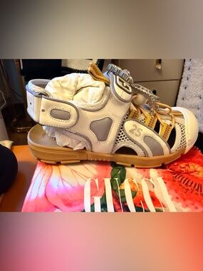 Gucci Tinsel Sport Sandals Women 6.5 White Mesh Logo Strap Sneakers w/ Box”